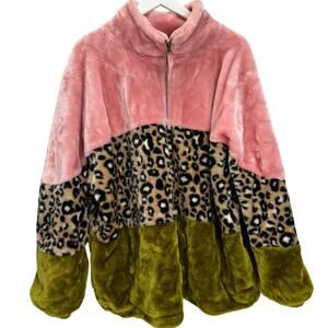 Ugg Womens Elaina Faux Fur Jacket Pink Leopard Green Size XL Fuzzy Soft Pockets